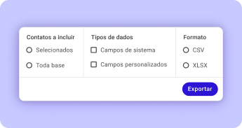 Janela de exportação de contatos da Huggy com as opções de tipos de dados e formato do arquivo Janela de exportação de contatos da Huggy com as opções de tipos de dados e formato do arquivo