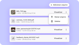 Aba de arquivos da Huggy com documentos e mídias anexados ao contato Aba de arquivos da Huggy com documentos e mídias anexados ao contato