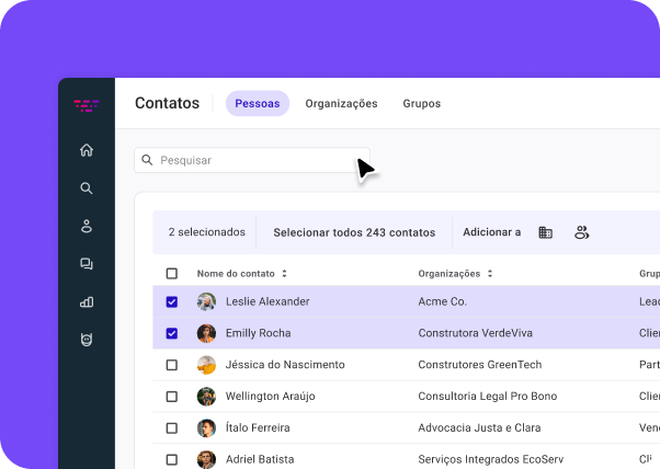 Tabela de contatos da Huggy com a busca e a seleção de vários contatos Tabela de contatos da Huggy com a busca e a seleção de vários contatos